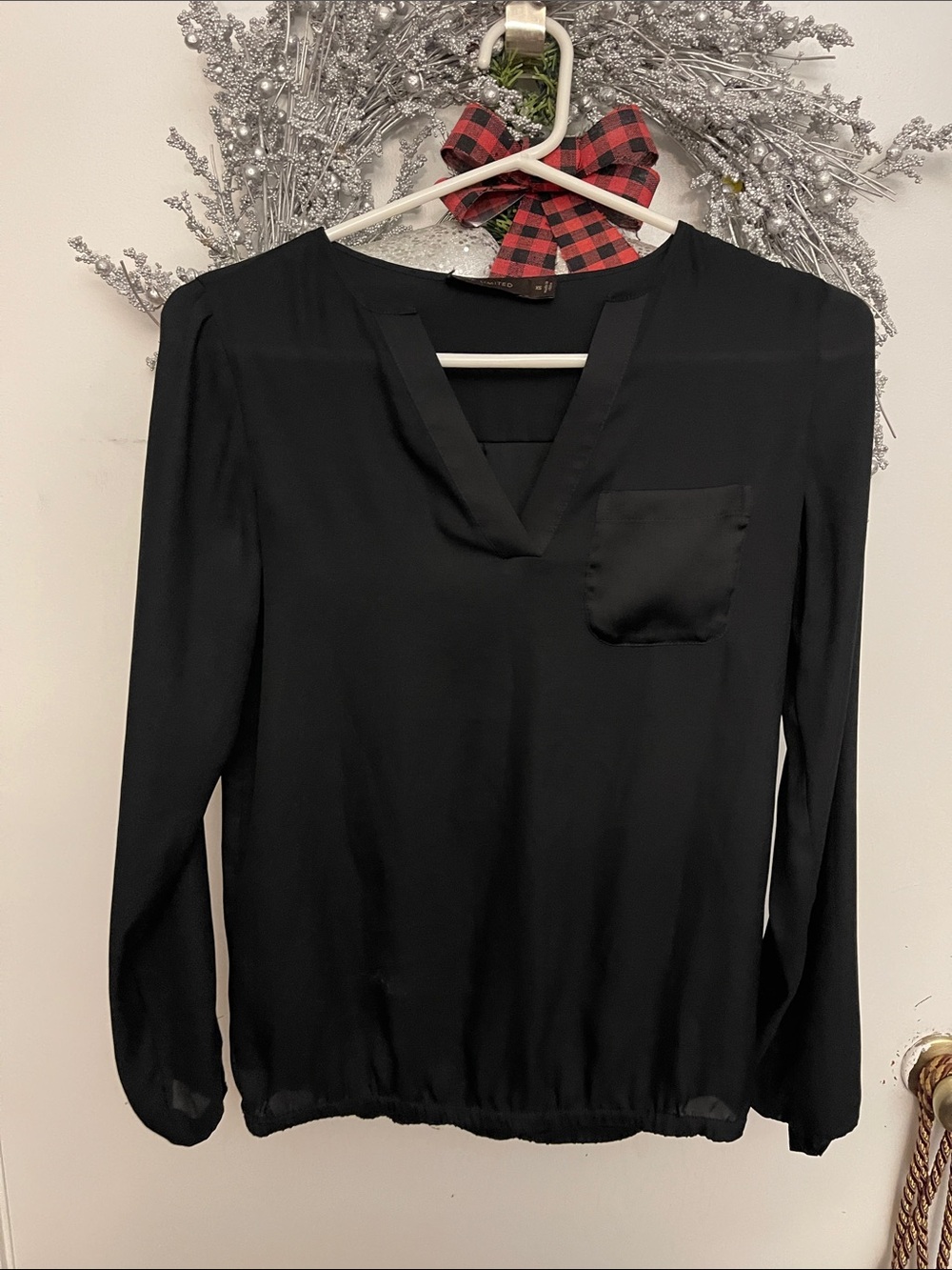 The Limited Black V-Neck Long Sleeve Blouse with Chest Pocket